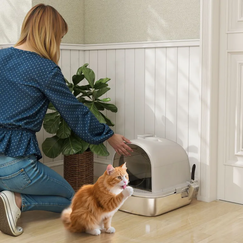 Arenero para Gatos de Acero Inoxidable con Cubierto Bolsa Desodorizante Pala Fácil de Limpiar 52,4x41,3x39,9 cm ... - Ogal.Es
