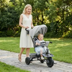Triciclo Evolutivo 6 en 1 Plegable Asiento Giratorio de 360° Mango Parental Respaldo Reclinable Toldo Gris - Ogal.Es