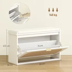Banco Zapatero Boho con Asiento Acolchado Puerta de Ratán Cajón Abatible Estante Ajustable 8 Pares 80x26x47,5 cm... - Ogal.Es