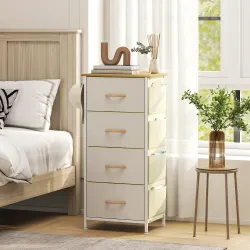Cajonera de Tela Cómoda con 4 Cajones 4 Bolsillos Laterales 2 Ganchos y Estructura de Acero Beige - Ogal.Es