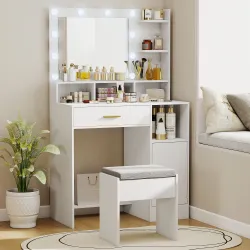 Tocador de Maquillaje con Luces LED y Taburete Espejo 10 Bombillas Cajón Estantes Compartimentos Blanco - Ogal.Es