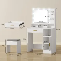 Tocador de Maquillaje con Luces LED y Taburete Espejo 10 Bombillas Cajón Estantes Compartimentos Blanco - Ogal.Es