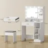 Tocador de Maquillaje con Luces LED y Taburete Espejo 10 Bombillas Cajón Estantes Compartimentos Blanco - Ogal.Es