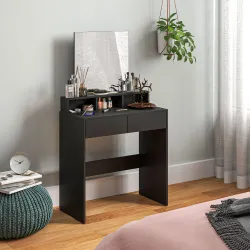 Mesa de Maquillaje con Espejo 2 Cajones 3 Compartimentos Tocador para Dormitorio 75x38x135 cm Negro - Ogal.Es