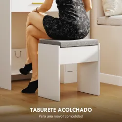 Tocador de Maquillaje con Luces LED y Taburete Espejo 10 Bombillas Cajón Estantes Compartimentos Blanco - Ogal.Es