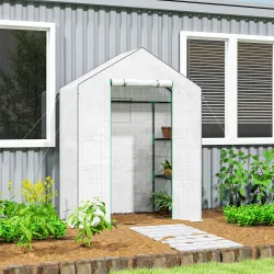 Invernadero de Exterior con 6 Estantes Puerta Enrollable Cubierta de PE y Marco de Acero 143x74x190 cm Blanco - Ogal.Es