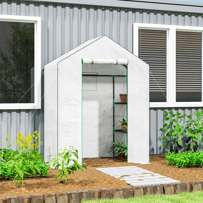 Invernadero de Exterior con 6 Estantes Puerta Enrollable Cubierta de PE y Marco de Acero 143x74x190 cm Blanco - Ogal.Es