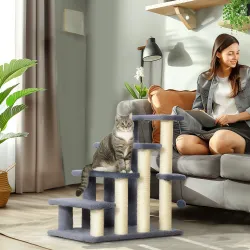 Escalera para Gatos de 4 Niveles Cubierto de Suave Felpa Poste de Sisal Bola Colgante 60x40x64 cm Gris - Ogal.Es