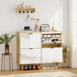 Zapatero Estrecho con 4 Puertas en Blanco Brillo Estantes Ajustables Patas de Madera para 20 Pares de Zapatos - Ogal.Es