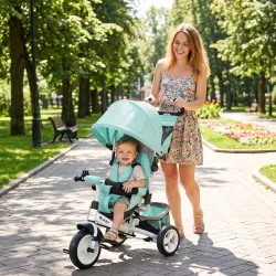 Triciclo para Bebés +12 Meses con Mango de Empuje Telescópico y Desmontable Bolso para Mamá y Portabotellas Verd... - Ogal.Es