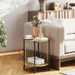Mesa Auxiliar Redonda de 2 Niveles con Estante y Estructura de Acero para Salón Dormitorio 43,5x43,5x51 cm Natural - Ogal.Es