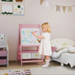 Pizarra Infantil Caballete 3 en 1 Caballete de Pintura para Niños de Doble Cara con Rollo de Papel y Cestas Rosa - Ogal.Es