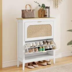 Zapatero Estrecho con 2 Puertas de Ratán Estantes Ajustables para 14 Pares de Zapatos 80x24x95,5 cm Blanco - Ogal.Es