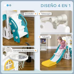Tobogán Infantil 4 en 1 con Aro de Baloncesto Telescopio Escalador y Cesta Inferior para Interior Amarillo y Verde - Ogal.Es