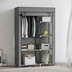 Armario de Tela Plegable Ropero Portátil con 6 Estantes y 1 Barra de Colgar para Dormitorio 103x43x162,5cm Gris ... - Ogal.Es