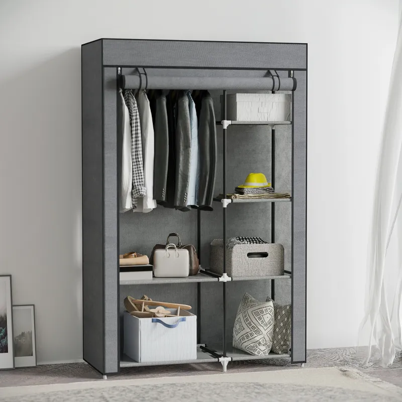 Armario de Tela Plegable Ropero Portátil con 6 Estantes y 1 Barra de Colgar para Dormitorio 103x43x162,5cm Gris ... - Ogal.Es