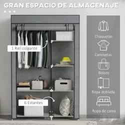 Armario de Tela Plegable Ropero Portátil con 6 Estantes y 1 Barra de Colgar para Dormitorio 103x43x162,5cm Gris ... - Ogal.Es