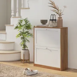 Zapatero Estrecho con 2 Puertas Estantes Ajustables para 12 Pares de Zapatos 60x24,5x75,5 cm Natural y Blanco - Ogal.Es