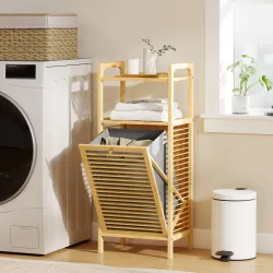Armario de Baño Estrecho de Bambú con 2 Estantes Abiertos Cesto Extraíble y Diseño con Listones 40x30x95 cm Natural - Ogal.Es