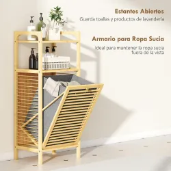 Armario de Baño Estrecho de Bambú con 2 Estantes Abiertos Cesto Extraíble y Diseño con Listones 40x30x95 cm Natural - Ogal.Es