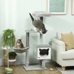 Árbol Rascador para Gatos con Plataforma Torre Escalador para Gatos con Hamaca Caseta Cama Postes 48x40x126 cm Gris - Ogal.Es
