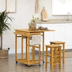 Juego de Mesa Alta de Bar y 2 Taburetes con Ruedas Mesa Plegable de Cocina con Taburetes 82,5x75,5x83,5 cm Marrón - Ogal.Es