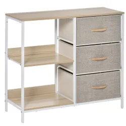Cajonera de Tela Cómoda de Tela con 3 Cajones Plegables y 2 Estantes Abiertos 80x29x71 cm Natural y Gris Claro - Ogal.Es