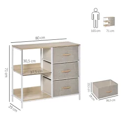 Cajonera de Tela Cómoda de Tela con 3 Cajones Plegables y 2 Estantes Abiertos 80x29x71 cm Natural y Gris Claro - Ogal.Es