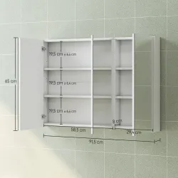 Armario de Baño con Espejo Armario de Pared con 3 Puertas Estantes Ajustables 91,5x11,5x65 cm Blanco - Ogal.Es