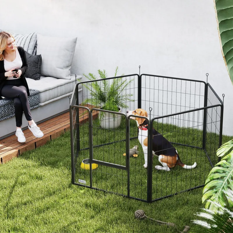 Parque para Perros de 6 Paneles de 80 cm de Altura con Puerta para Interior y Exterior Negro - Ogal.Es