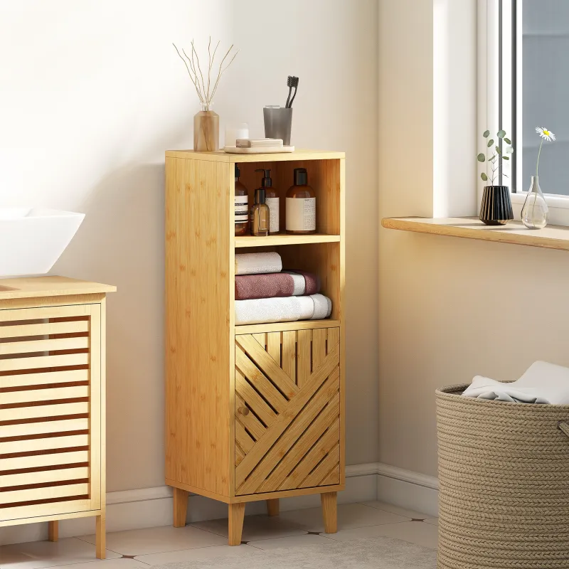 Armario de Baño Estrecho Mueble Auxiliar de Baño con 2 Estantes Abiertos Puerta y Patas de Bambú 32x30x90 cm Nat... - Ogal.Es