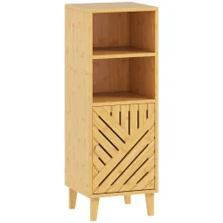 Armario de Baño Estrecho Mueble Auxiliar de Baño con 2 Estantes Abiertos Puerta y Patas de Bambú 32x30x90 cm Nat... - Ogal.Es