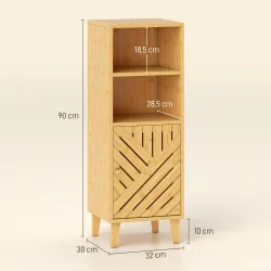 Armario de Baño Estrecho Mueble Auxiliar de Baño con 2 Estantes Abiertos Puerta y Patas de Bambú 32x30x90 cm Nat... - Ogal.Es