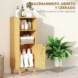 Armario de Baño Estrecho Mueble Auxiliar de Baño con 2 Estantes Abiertos Puerta y Patas de Bambú 32x30x90 cm Nat... - Ogal.Es
