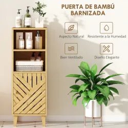 Armario de Baño Estrecho Mueble Auxiliar de Baño con 2 Estantes Abiertos Puerta y Patas de Bambú 32x30x90 cm Nat... - Ogal.Es