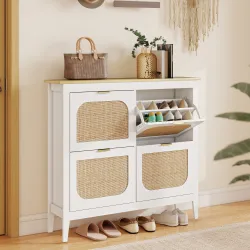 Zapatero Estrecho con 4 Puertas de Ratán Estantes Ajustables para 20 Pares de Zapatos 105x24x95,5 cm Blanco - Ogal.Es