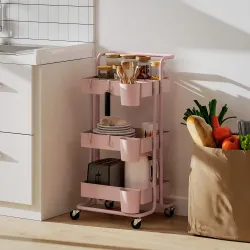 Carrito Auxiliar con Ruedas Carro de Almacenaje Multifuncional con Ganchos y Cajas Colgantes 42x38x86,5 cm Rosa - Ogal.Es