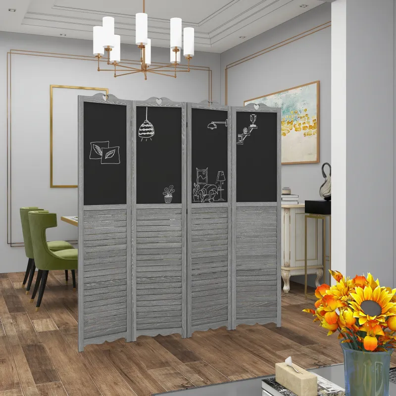 Biombo Separador de Ambientes Plegable de 4 Paneles de Madera con Pizarras para Dormitorio 162x172 cm Gris - Ogal.Es