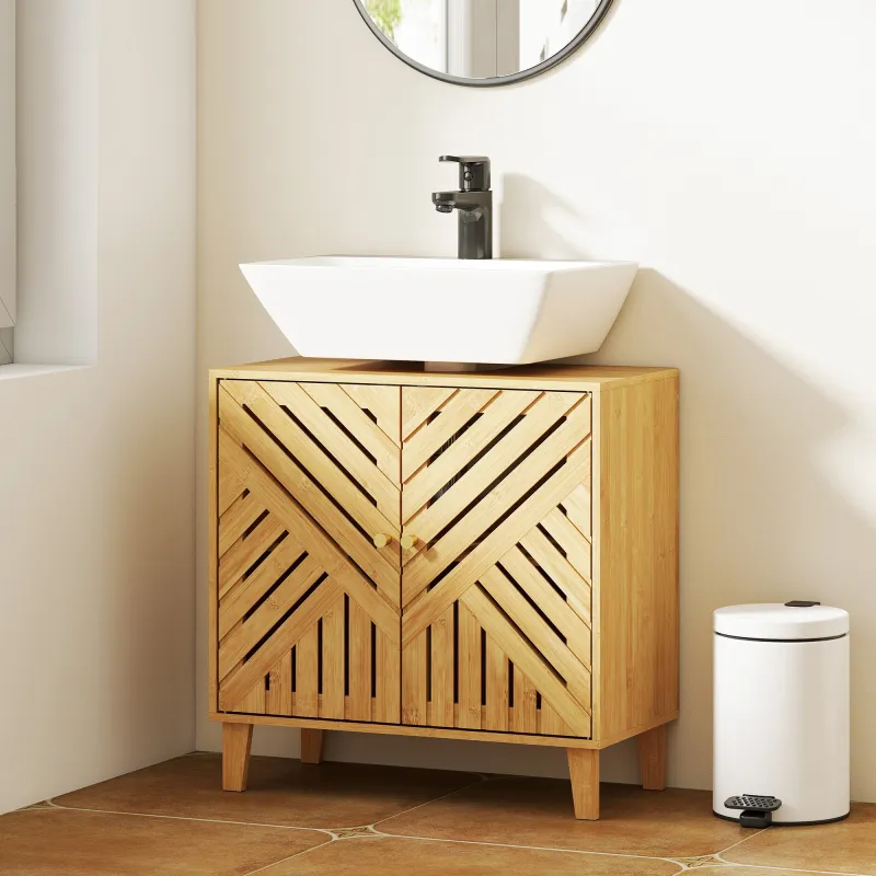 Mueble bajo Lavabo de Bambú con 2 Puertas Lamas y Estante Ajustable para Lavabo sin Pedestal 60x30x60 cm Natural - Ogal.Es