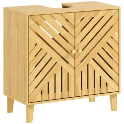 Mueble bajo Lavabo de Bambú con 2 Puertas Lamas y Estante Ajustable para Lavabo sin Pedestal 60x30x60 cm Natural - Ogal.Es