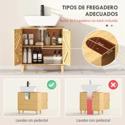 Mueble bajo Lavabo de Bambú con 2 Puertas Lamas y Estante Ajustable para Lavabo sin Pedestal 60x30x60 cm Natural - Ogal.Es