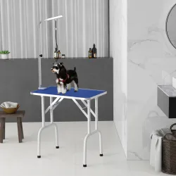 Mesa de Peluquería Canina Plegable con Encimera Antideslizante Brazo Ajustable 81x48,5x80 cm, Azul - Ogal.Es