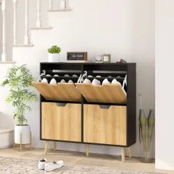 Zapatero Estrecho con 4 Cajones Abatibles y Estantes Ajustables para 16 Pares 95x26x95 cm Natural y Negro - Ogal.Es