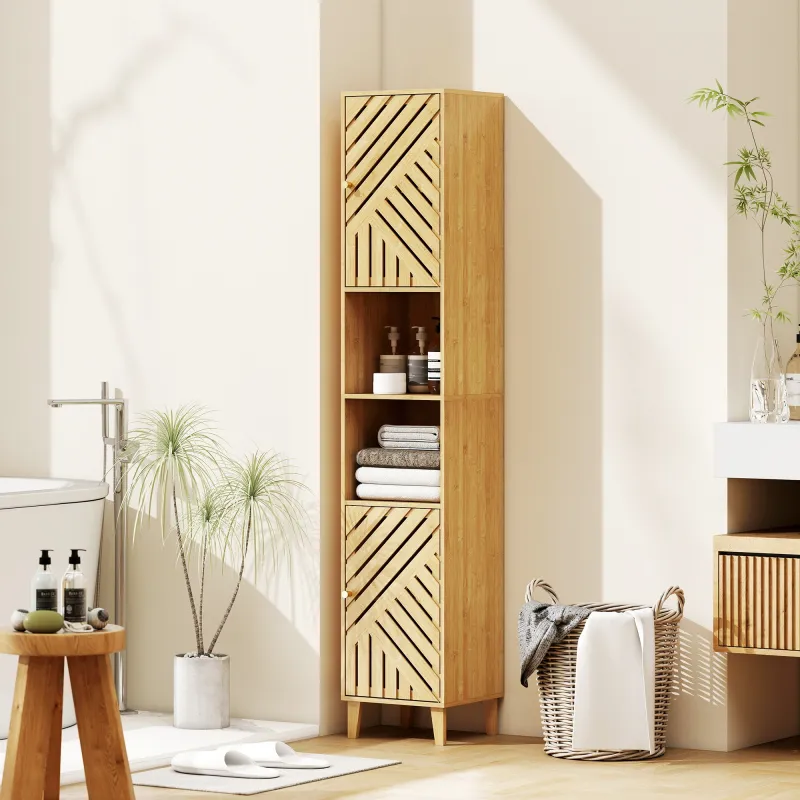 Columna de Baño Estrecha con Puertas y Patas de Bambú Estantes Ajustables Compartimento Abierto 32x30x170 cm Nat... - Ogal.Es