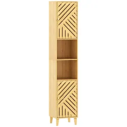 Columna de Baño Estrecha con Puertas y Patas de Bambú Estantes Ajustables Compartimento Abierto 32x30x170 cm Nat... - Ogal.Es