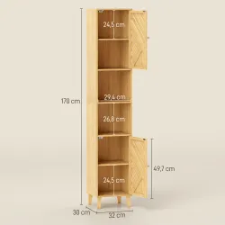 Columna de Baño Estrecha con Puertas y Patas de Bambú Estantes Ajustables Compartimento Abierto 32x30x170 cm Nat... - Ogal.Es