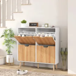 Zapatero Estrecho con 4 Cajones Abatibles y Estantes Ajustables para 8-16 Pares 95x26x95 cm Natural y Blanco - Ogal.Es