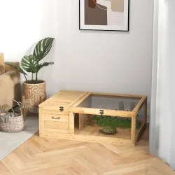 Casa para Tortugas de Madera con Techo de Malla y Paneles Laterales Transparentes Extraíbles 91x60,5x32 cm Natural - Ogal.Es