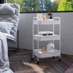 Carrito Auxiliar con Ruedas de 3 Niveles Carrito de Cocina con 3 Cestas y 2 Asas 45x30,6x79 cm Blanco - Ogal.Es
