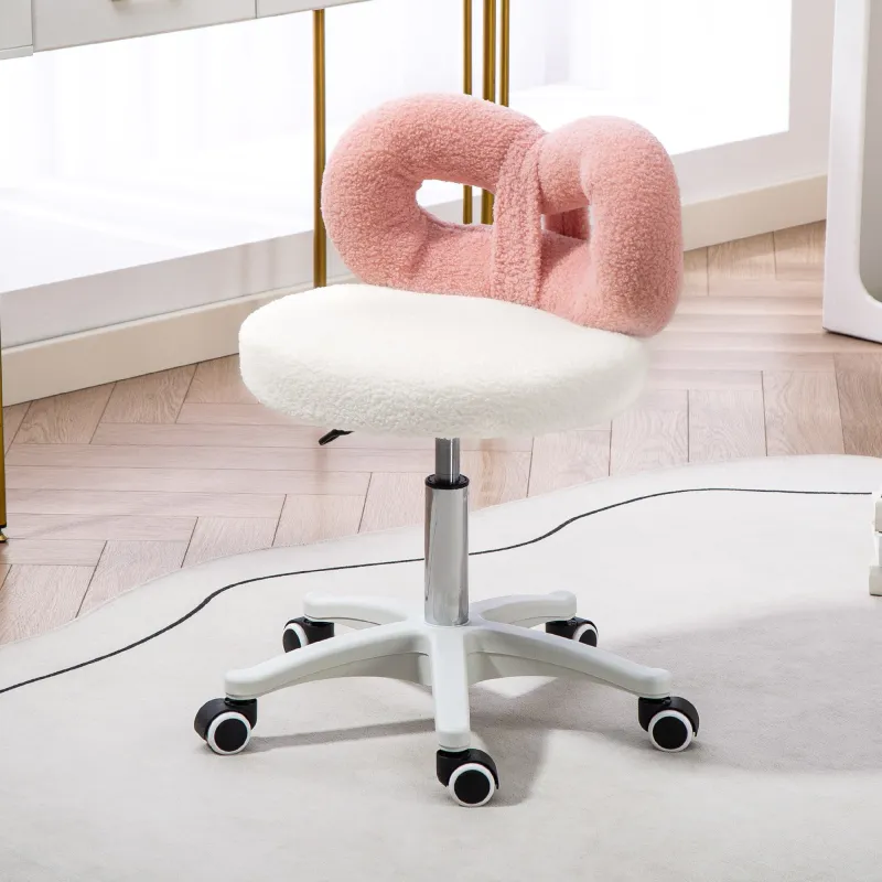 Taburete con Ruedas Respaldo Altura Regulable 63-77 cm Tapizado en Tejido de Borreguito Blanco y Rosa - Ogal.Es